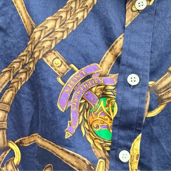 Lauren Ralph Lauren navy equestrian horse bit  button up peplum shirt size 4 - Picture 16 of 16